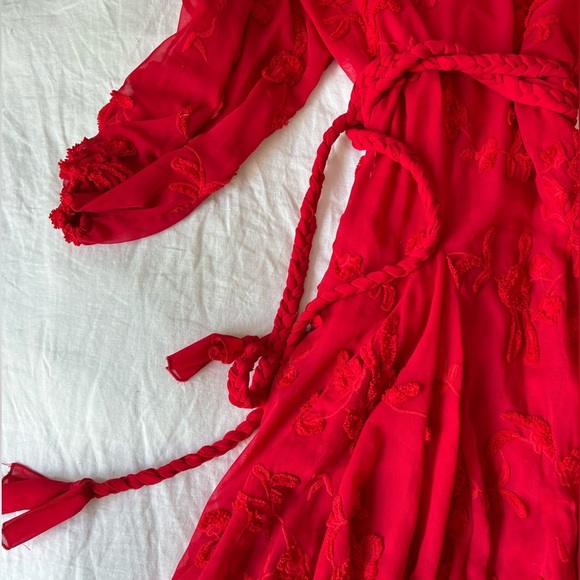 Anthropologie Mare Mare Textured Red Floral Embroidered Dress with Belt - Picture 3 of 7